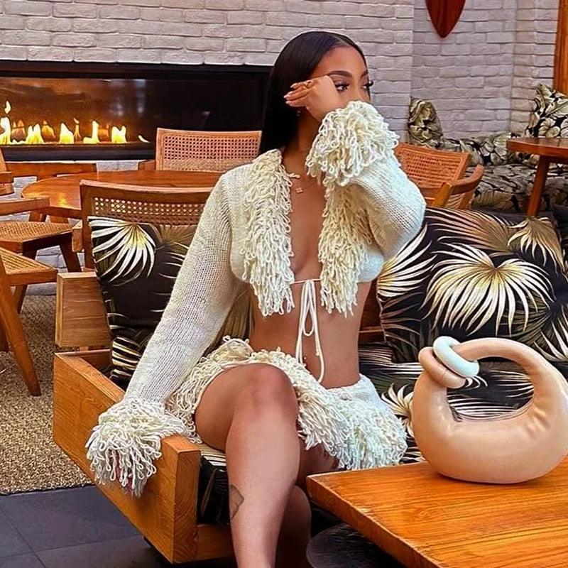 Chic Knit Tie Cardigan and Mini Skirt Set VestiVogue