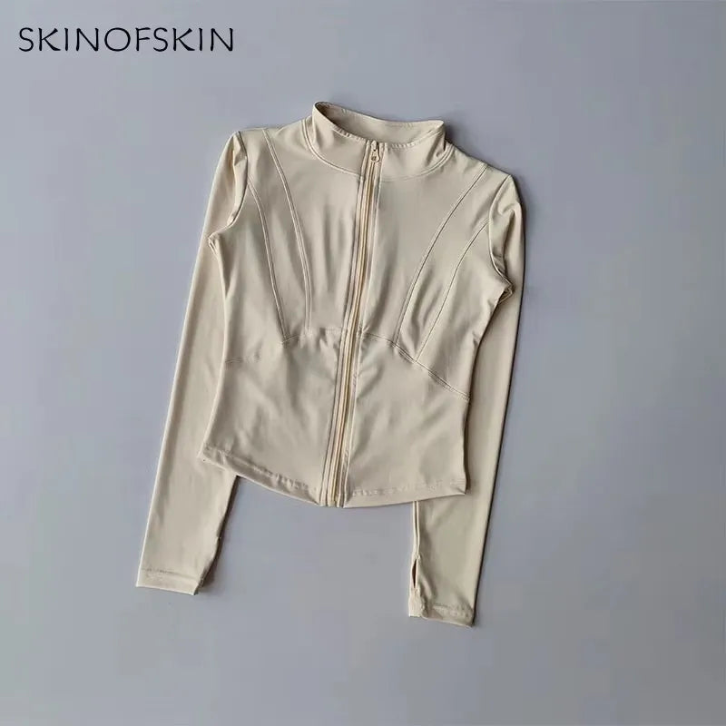 Slim Fit Quick-Dry Long Sleeved Zip-Up Yoga Jacket VestiVogue CIvory S