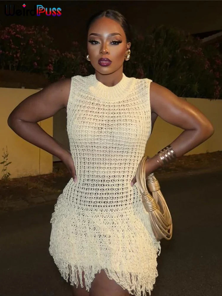 Crochet Tassel Mini Bodycon Dress VestiVogue Khaki L