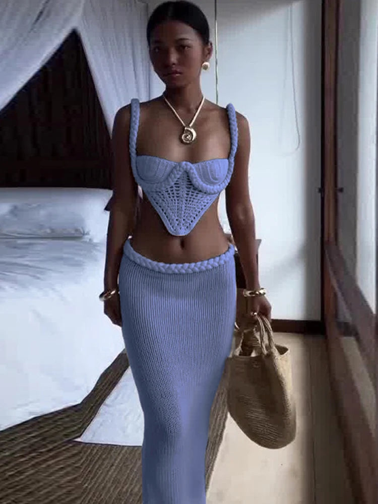 Crochet Backless Halter Top and Maxi Skirt Set VestiVogue Blue M
