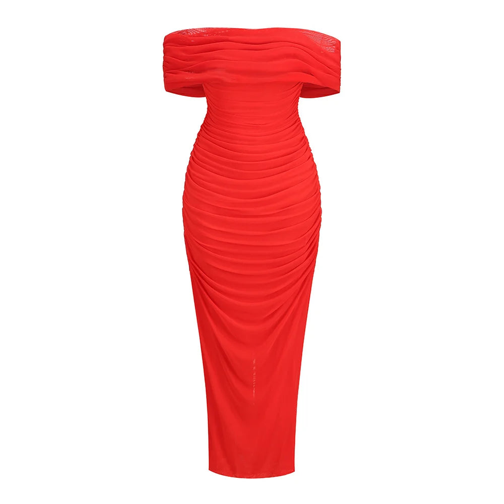Red Off-Shoulder Ruched Maxi Dress VestiVogue