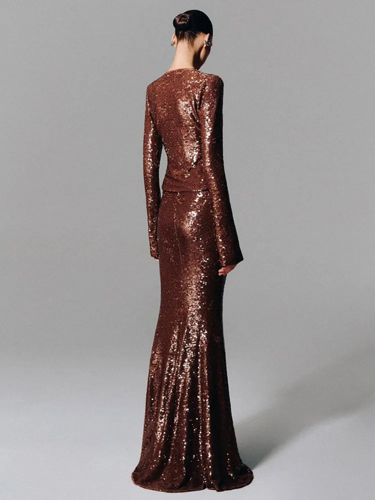 Chic Brown Beige Mesh Sequins Two-Piece Skirt Set VestiVogue