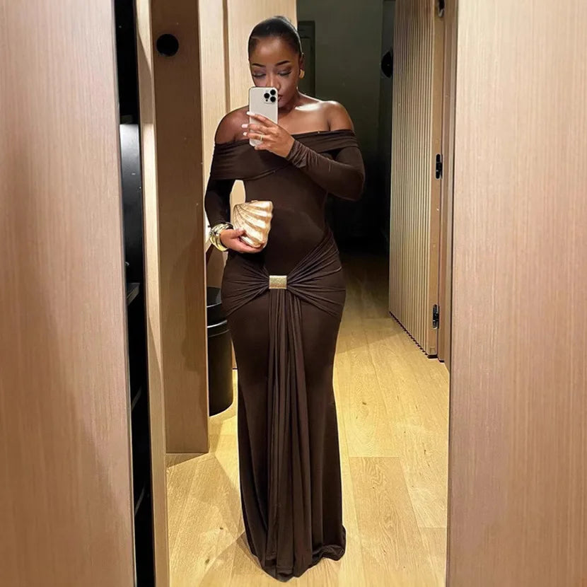 Elegant Ruched Midi Party Dress with Slash Neck and Full Sleeves VestiVogue