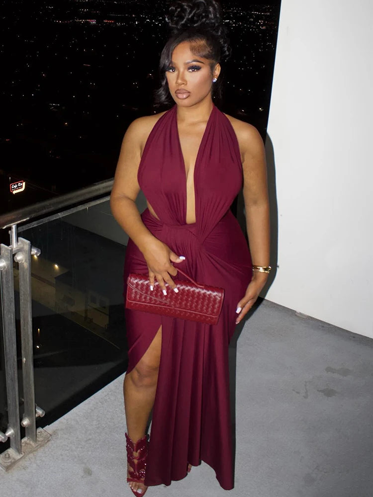 Draped Halter Neck Backless Maxi Dress with High Split VestiVogue