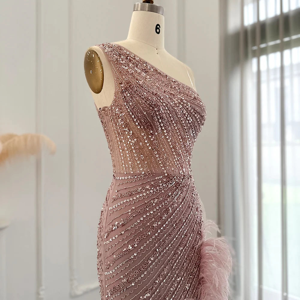 One shoulder Pink Feathers Evening Prom dress VestiVogue