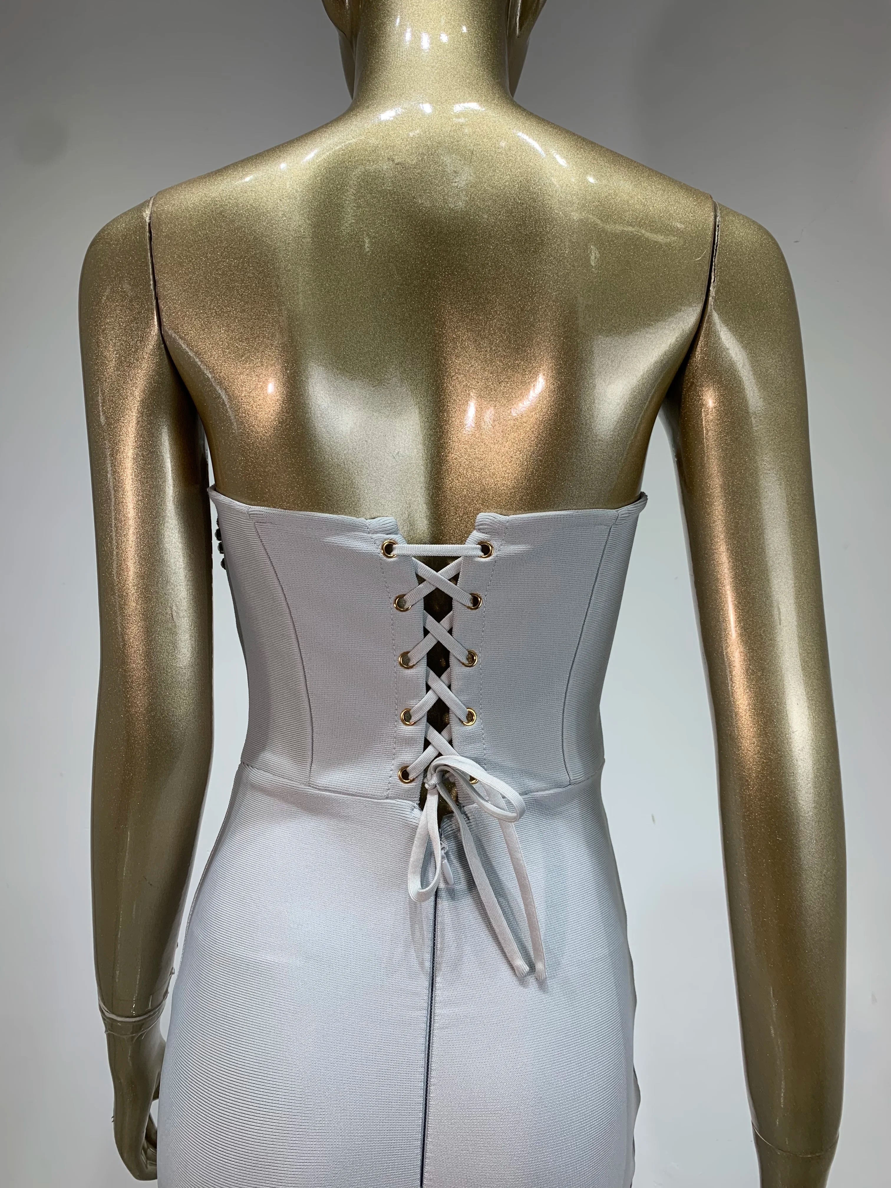 Strapless Beaded Grey Maxi Bodycon Dress VestiVogue