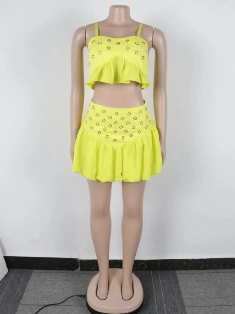 Hollow Out Crop Tank & Pleated Mini Skirt Set VestiVogue