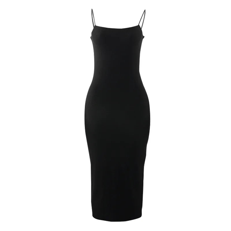 Elegant Black Sleeveless Bodycon Dress with Spaghetti Straps VestiVogue