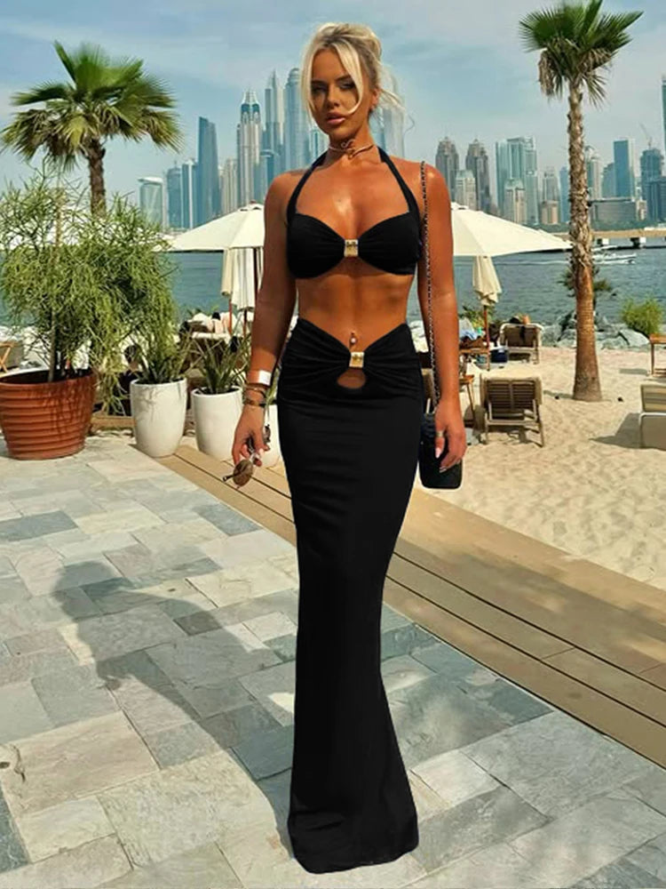 Sequined Halter Mini Tank & Shirred Maxi Skirt Two-Piece Set VestiVogue black L