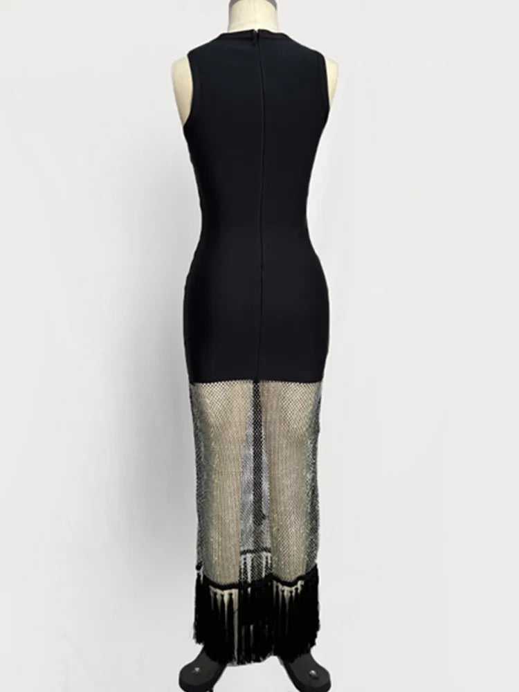 Elegant Black Bodycon Maxi Dress with Diamond Beading VestiVogue