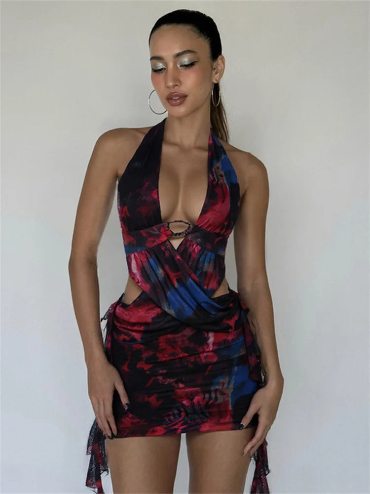 Metal Rings Backless Mini Dress with Lace-Up Halter and Pleated Waist VestiVogue Pink S