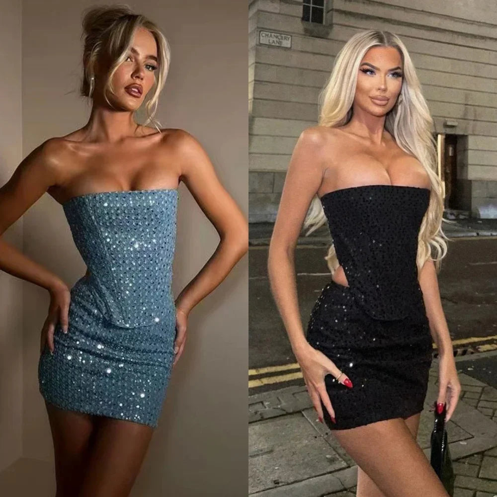 Blue Sequined Strapless Mini Skirt Set VestiVogue