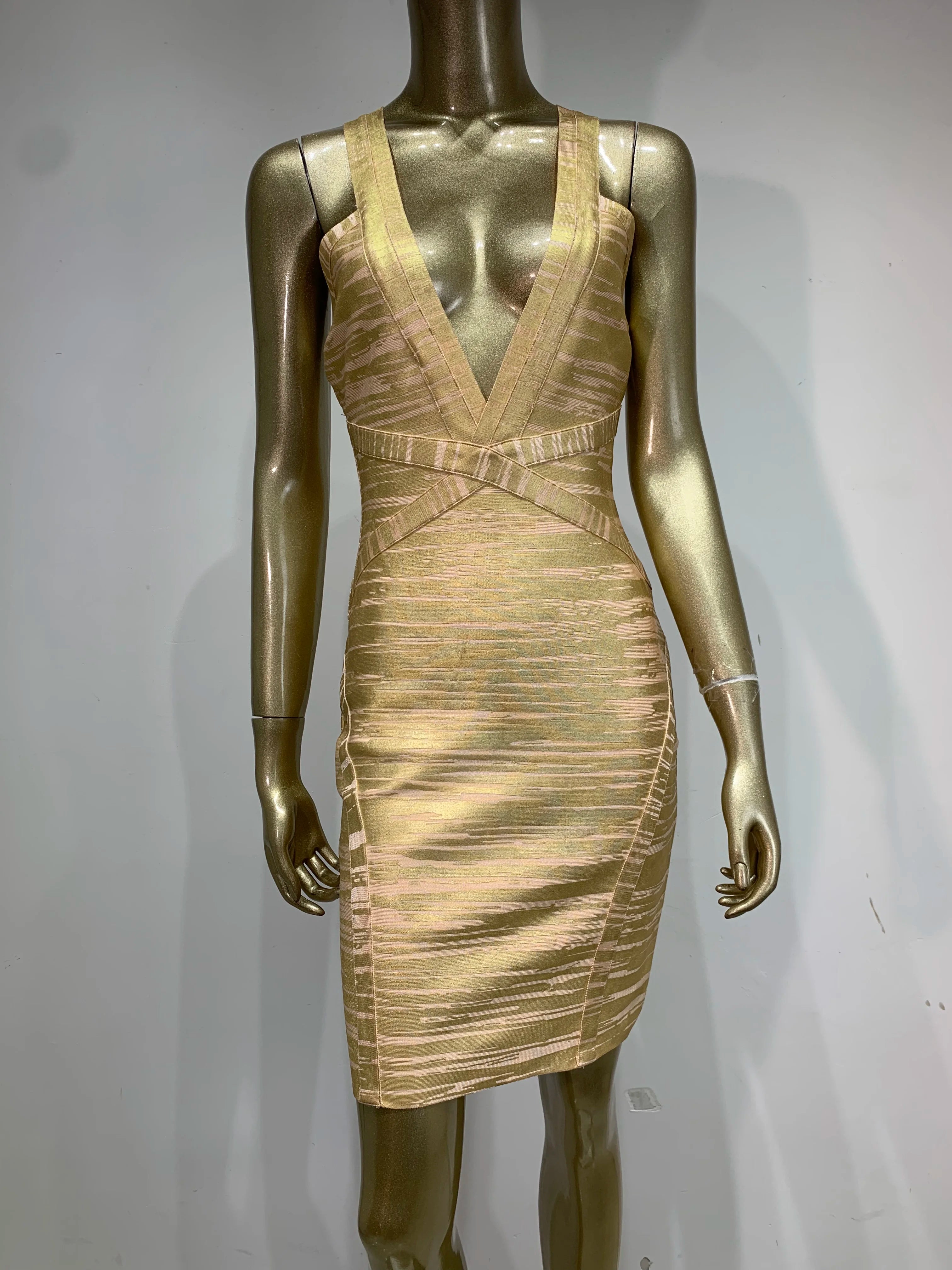Bronzing Gold V Neck Bodycon Mini Dress VestiVogue