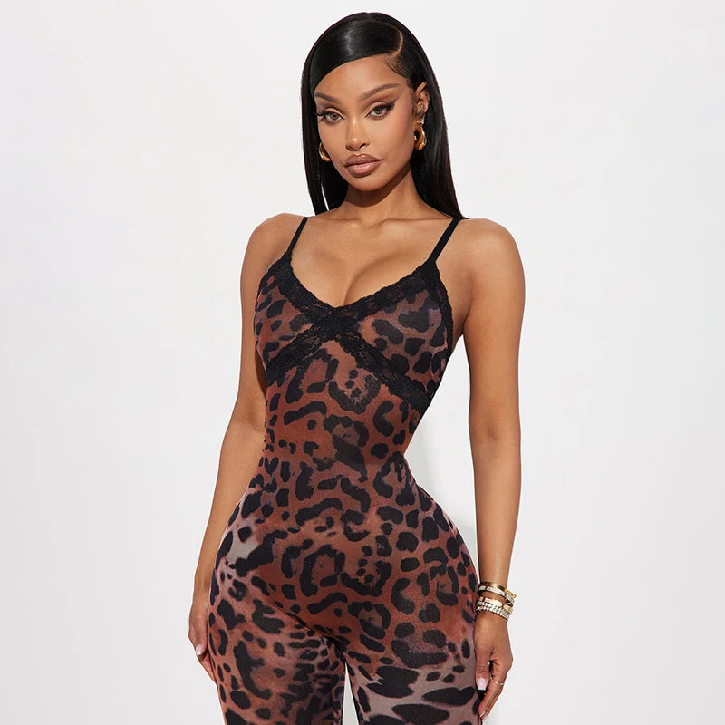 Leopard Print Lace Trim Bodycon Jumpsuit VestiVogue