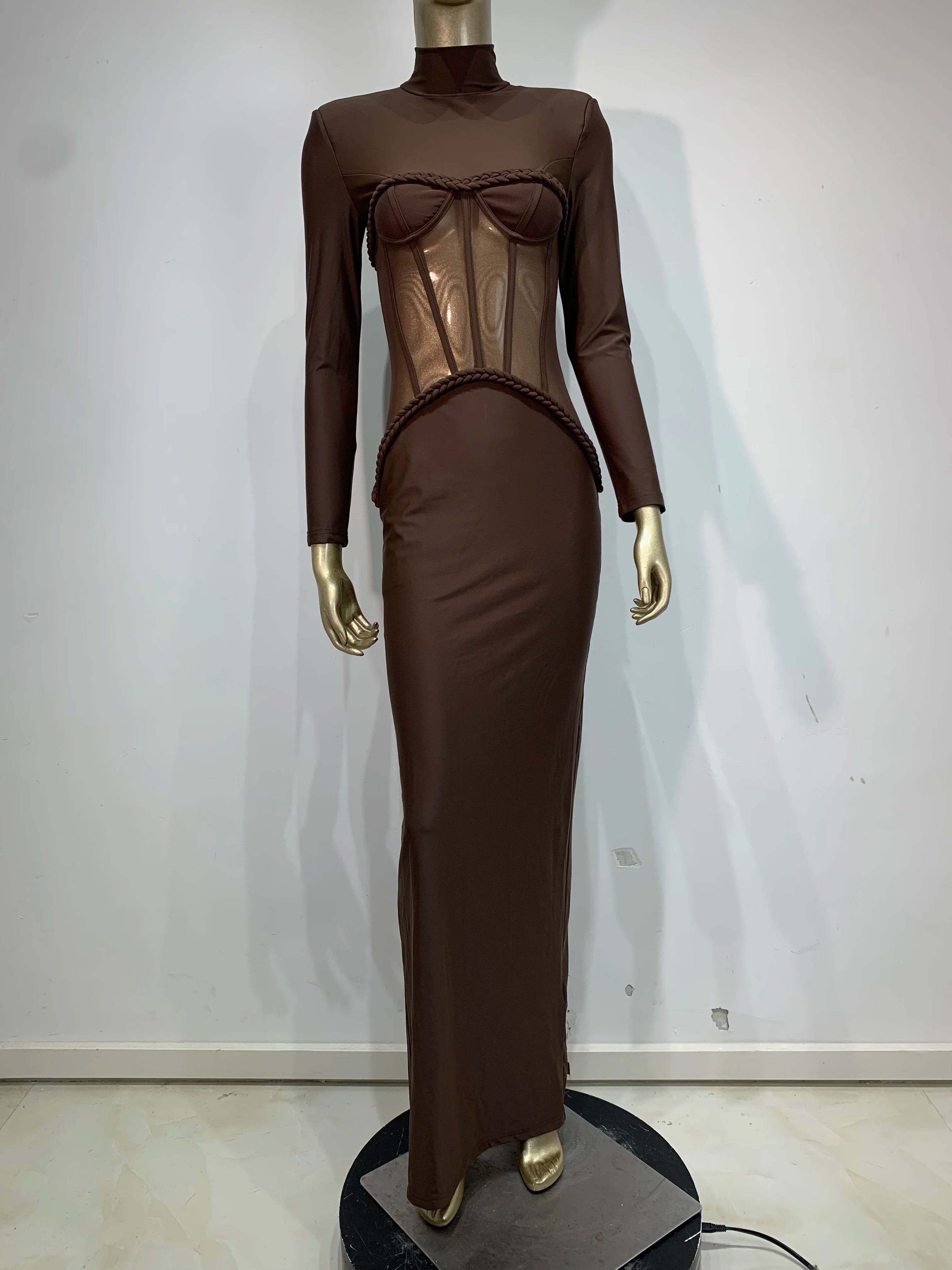 Elegant Brown Bodycon Maxi Gown with Turtleneck and Full Sleeves VestiVogue