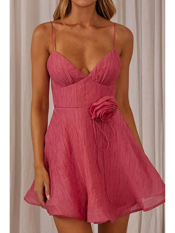 Floral Spaghetti Strap Backless Mini Dress VestiVogue Rose Pink L