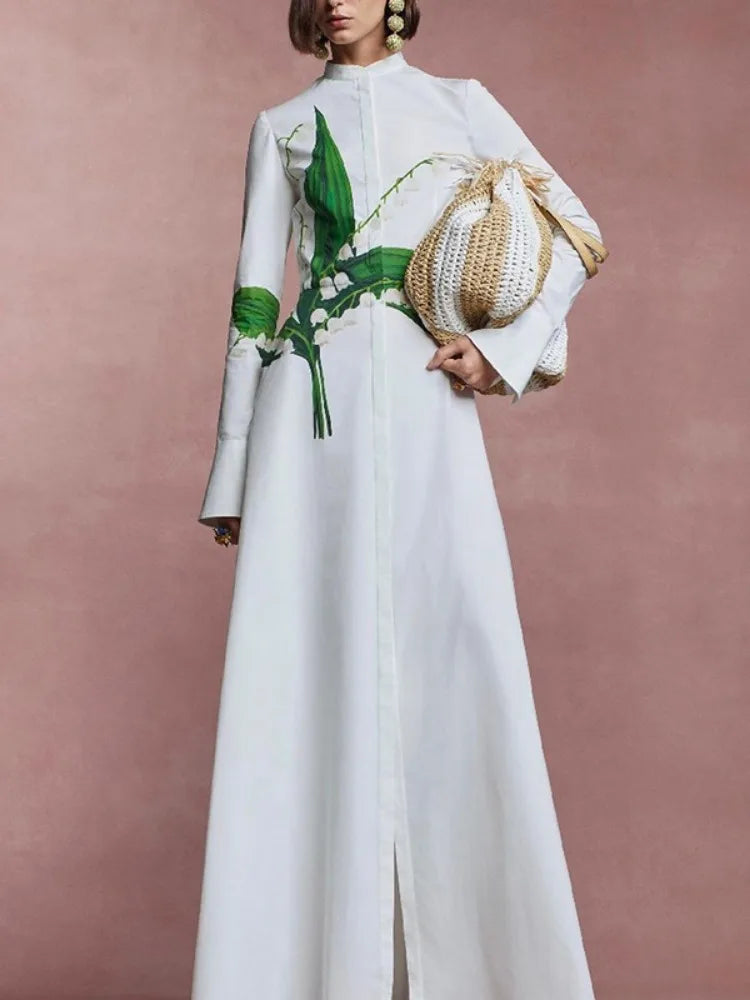 Floral Print A-Line Long Sleeve Maxi Shirt Dress VestiVogue