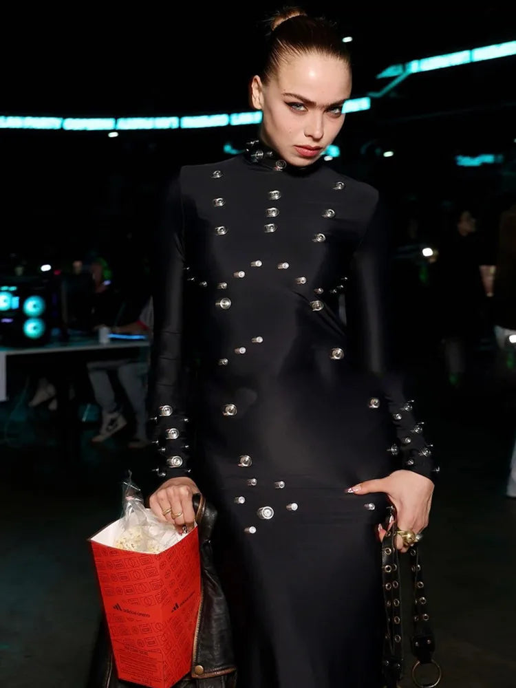 Elegant Long Sleeve Eyelet Maxi Dress in Black or White VestiVogue