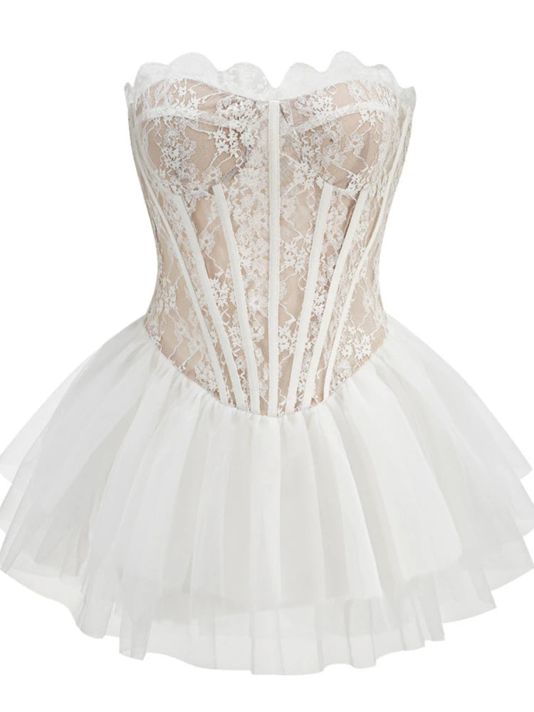 Strapless Lace Patchwork Mini Dress for Women VestiVogue