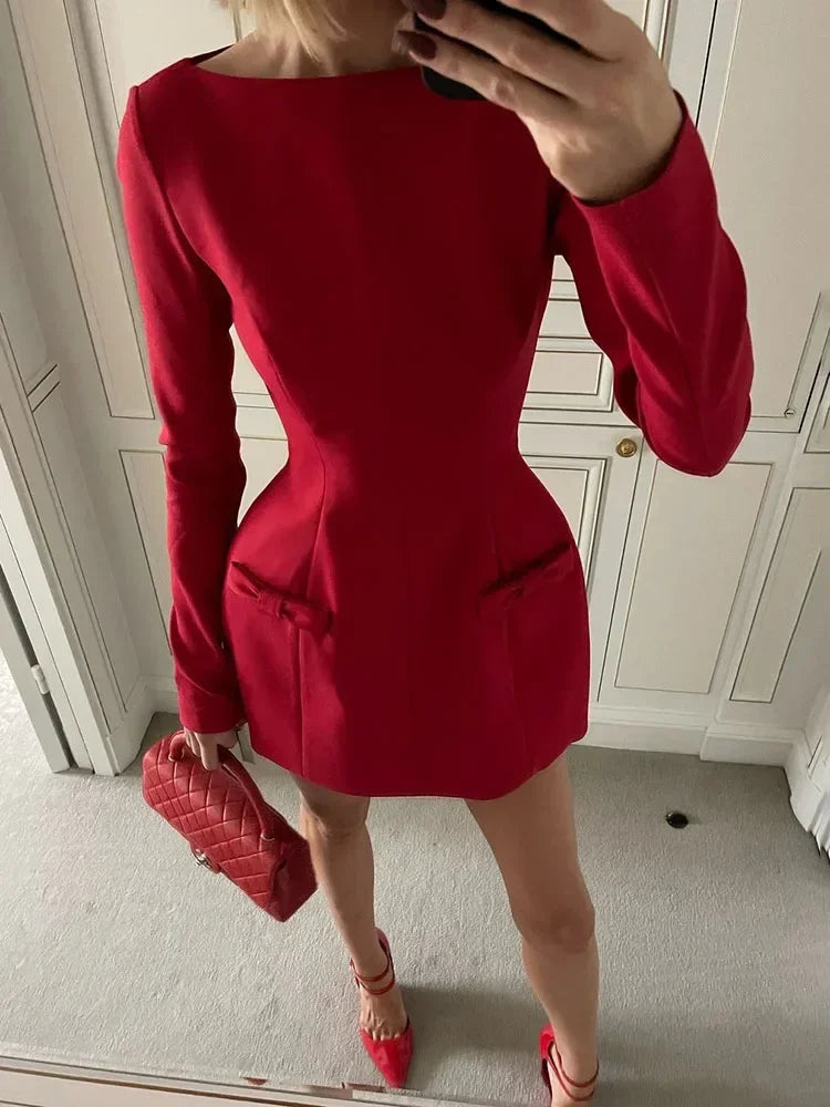 Bows Splice Long Sleeve Mini Dress VestiVogue Red M
