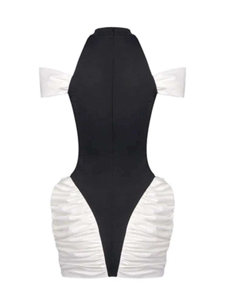 Chic Off-Shoulder Ruched Patchwork Mini Gown VestiVogue