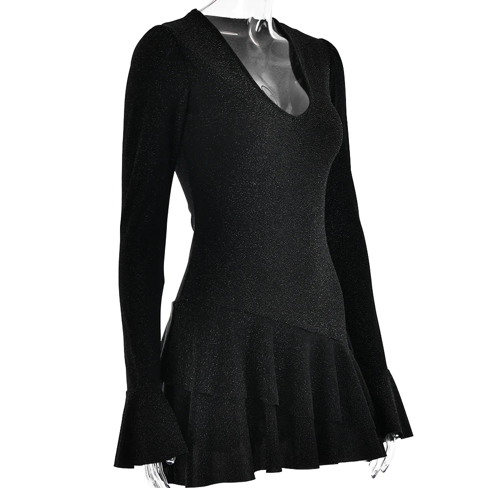 Deep V Silk Ruffled Mini Dress VestiVogue