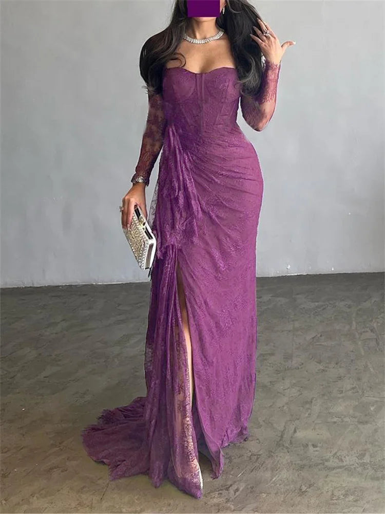 Ruffled Lace Maxi Dress with Square Neckline and Full Sleeves VestiVogue