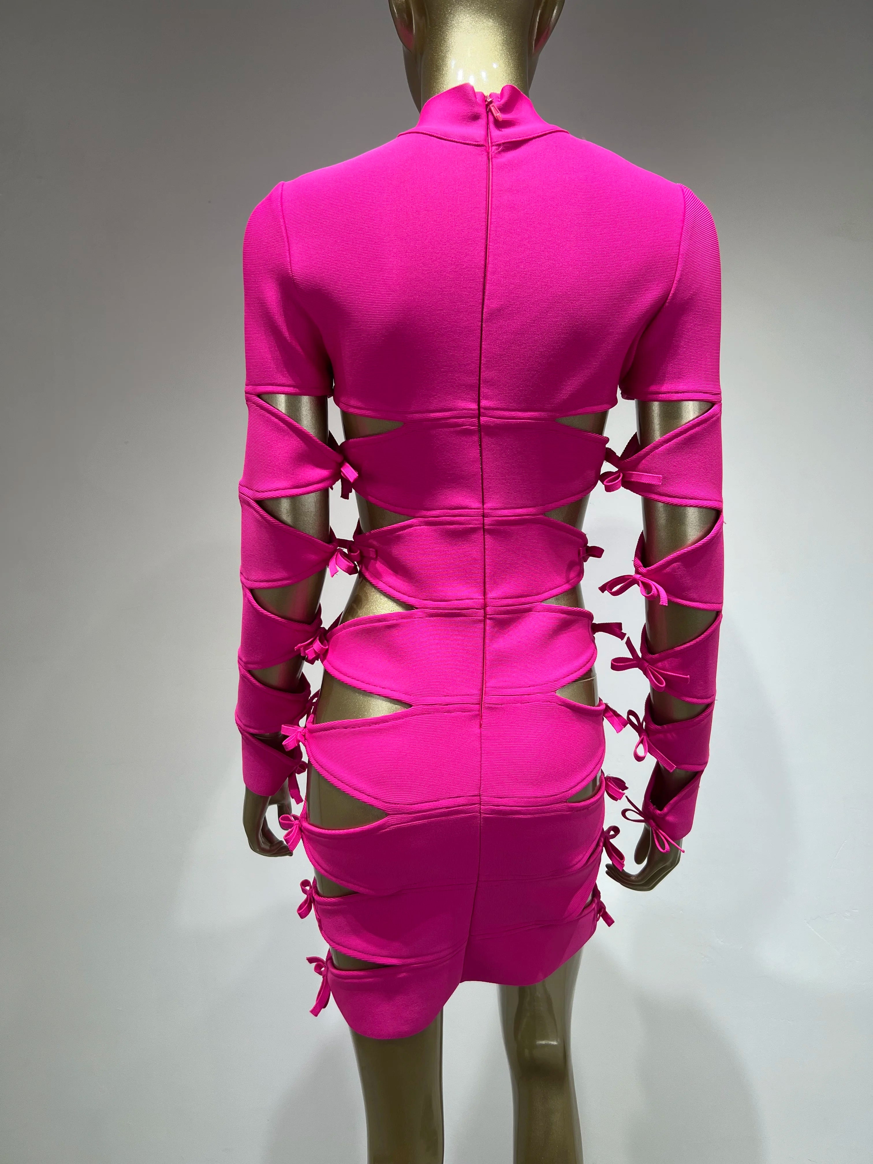 Elegant Pink Bow Tie Mini Bandage Dress with Hollow-Out Detail VestiVogue