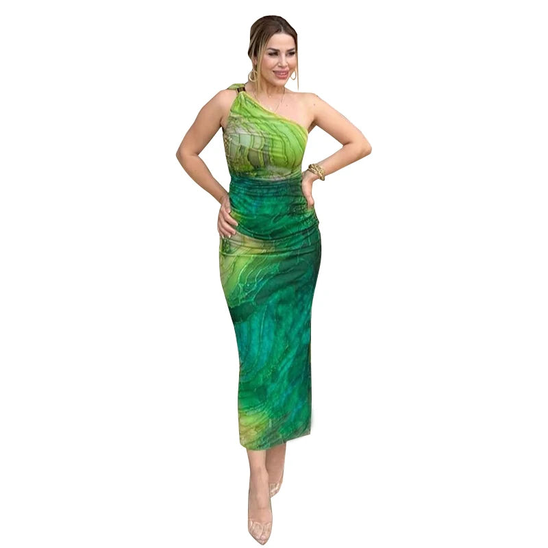 Gradient Print One-Shoulder Long Dress with Slash Collar VestiVogue GREEN M