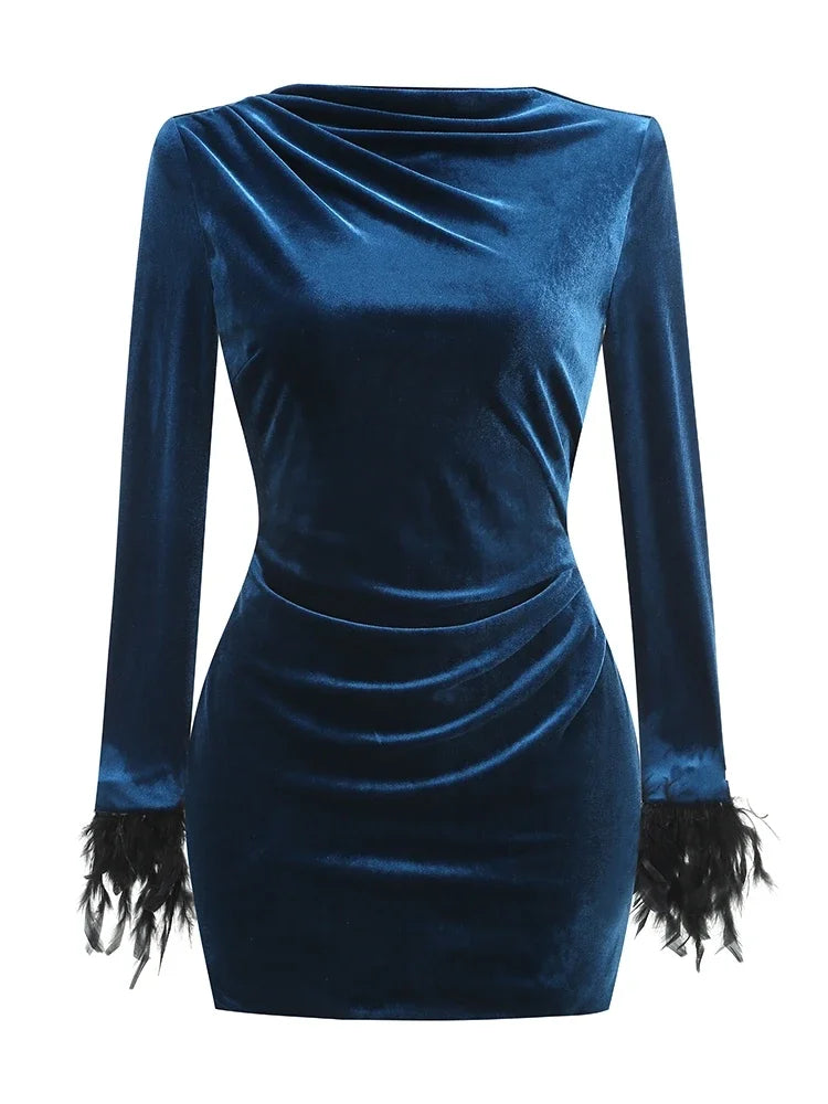 Velvet Backless Ruched Mini Dress with Feathers for Women VestiVogue as photo L