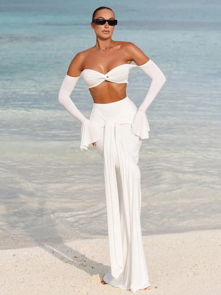 Elegant Off-Shoulder Ruffled White Maxi Two-Piece Set VestiVogue