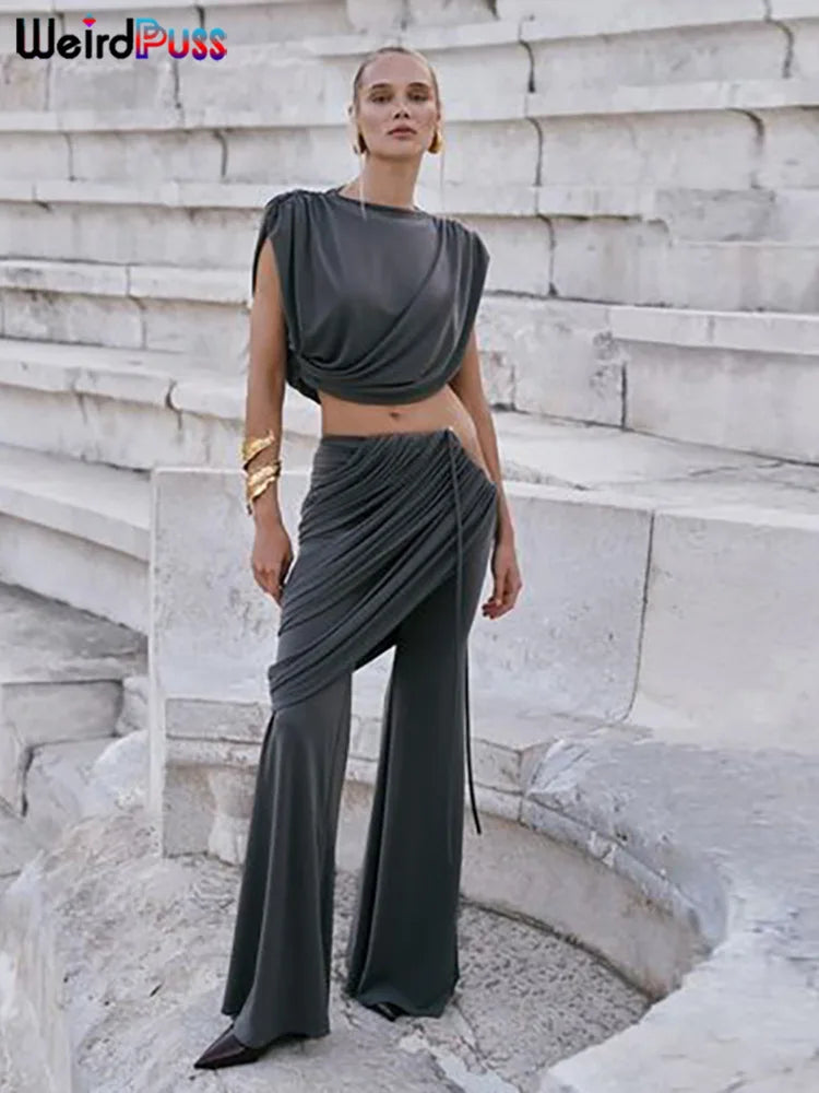 Ruched Tank Top & High Waist Flare Pants Set VestiVogue