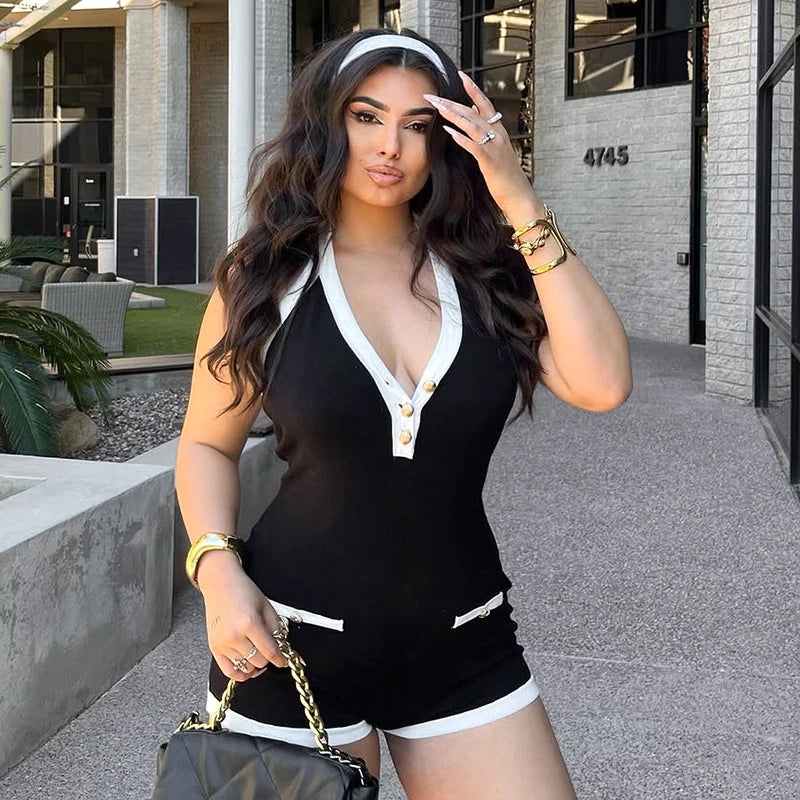 Colour Collision V-Neck Tie Backless Playsuit VestiVogue