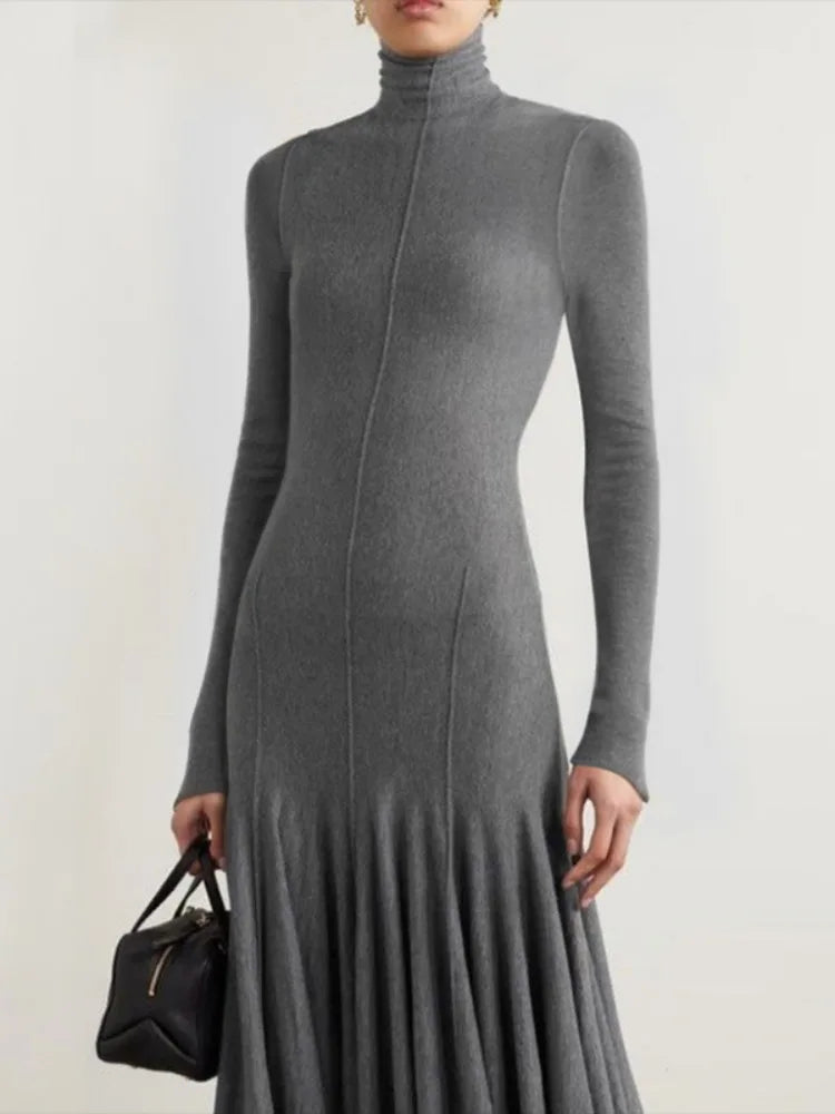 Sleek High Neck Slim Fit Maxi Dress in Solid Grey VestiVogue