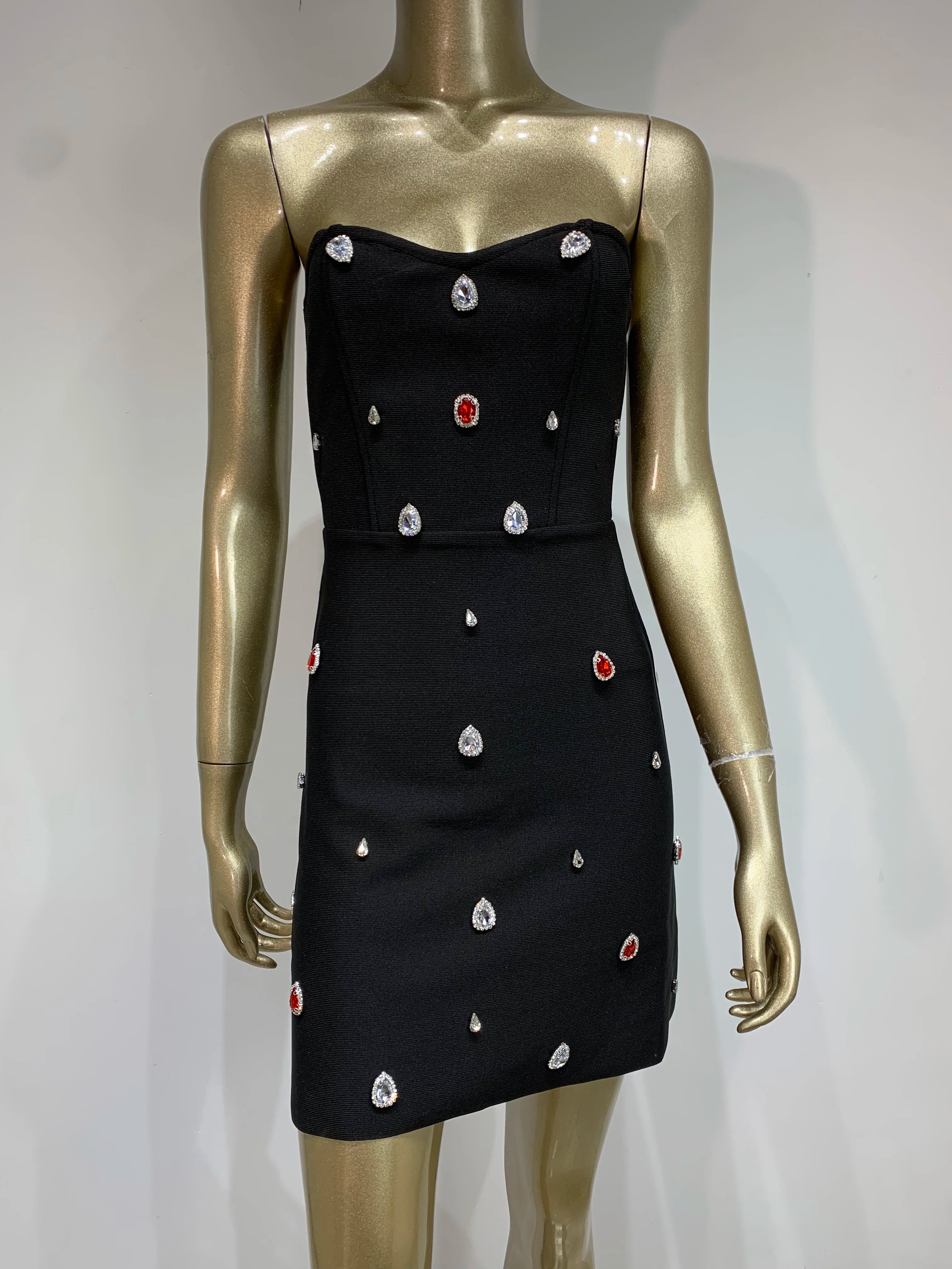 Chic Strapless Beaded Mini Bodycon Dress in Classic Black VestiVogue