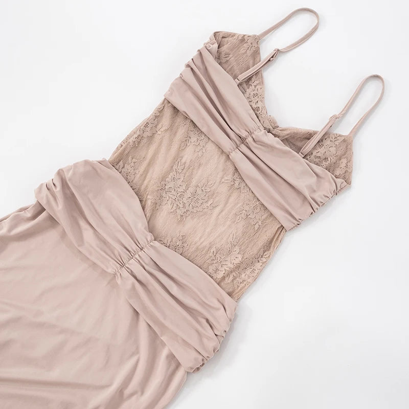 Elegant Backless Lace Camisole Dress with Pleated Details VestiVogue