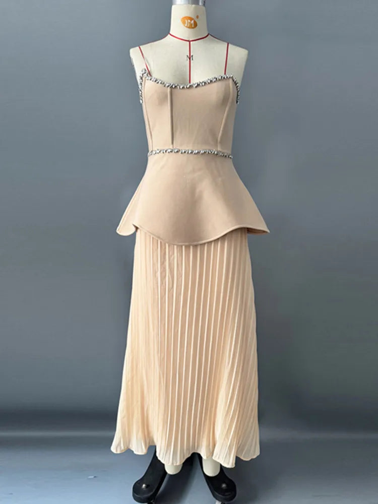 Elegant Backless Beaded A-Line Bodycon Dress in Beige & Black VestiVogue