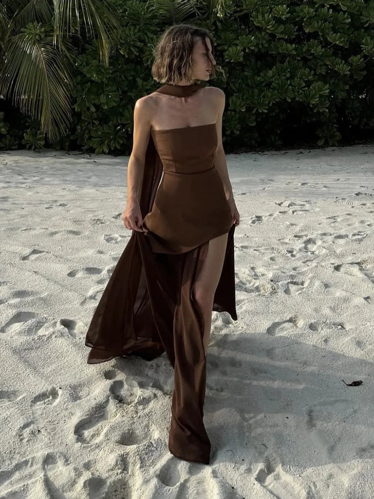 Strapless Mesh Patchwork Beach Dress VestiVogue Coffee L