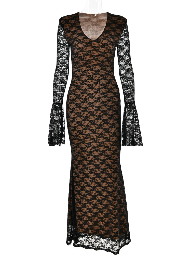 Lace Patchwork Deep V Maxi Dress for Women VestiVogue black S