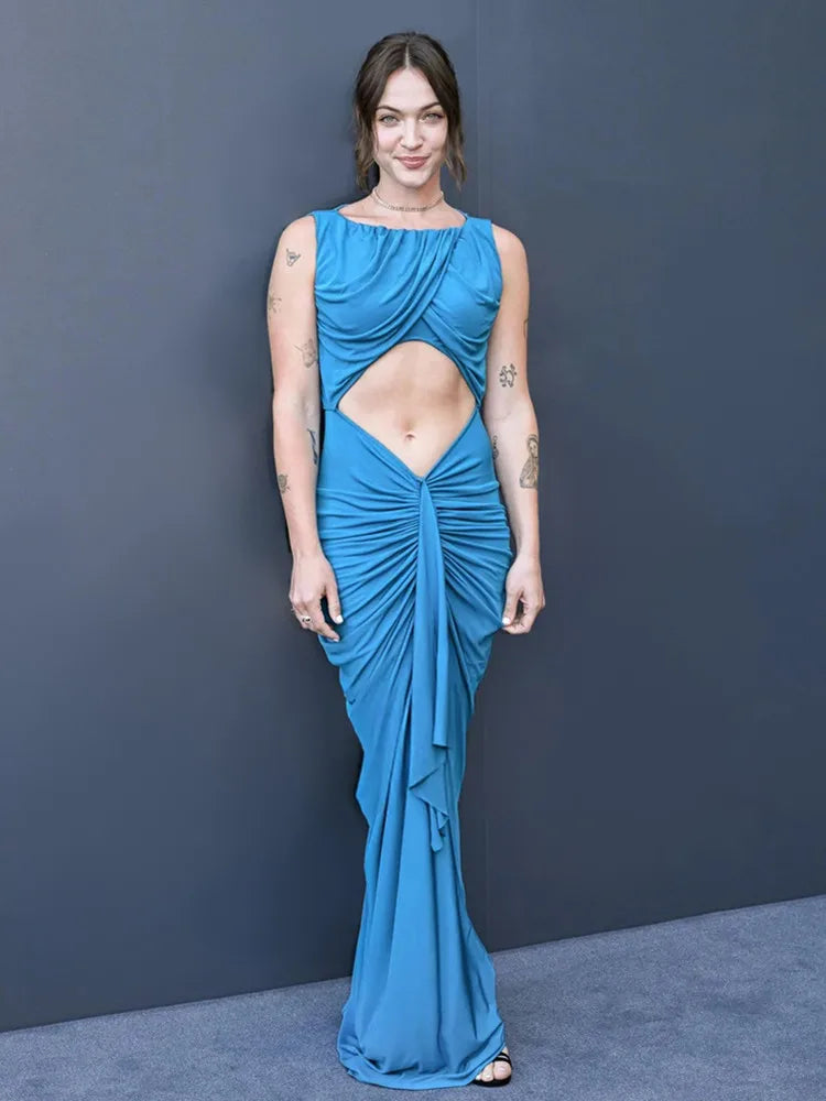 Lake Blue Ruched O-Neck Maxi Gown VestiVogue