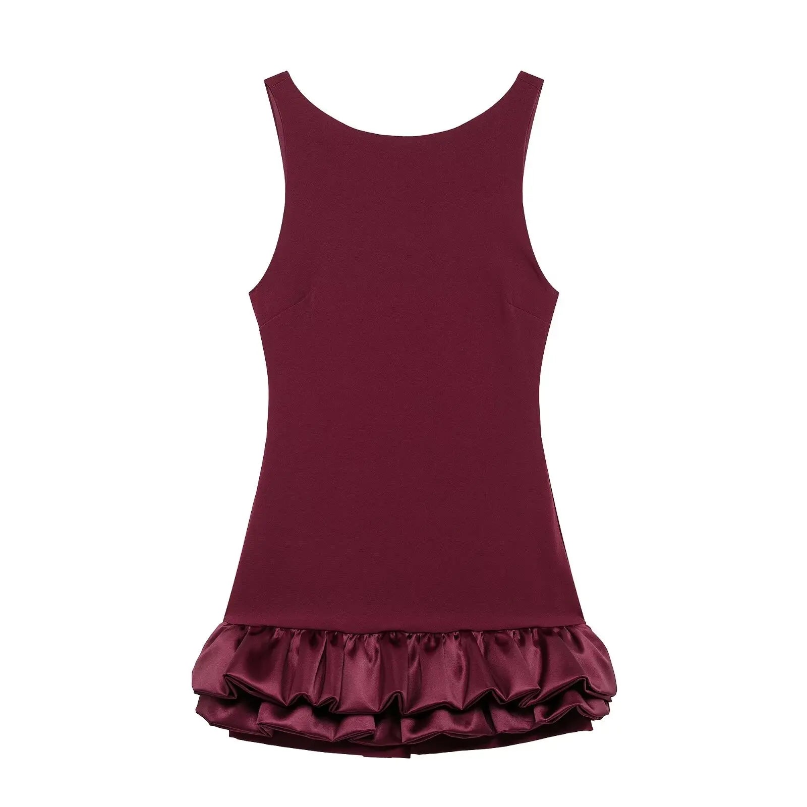 Slim Fit Ruffle Mini Dress with O-Neck VestiVogue wine red XS