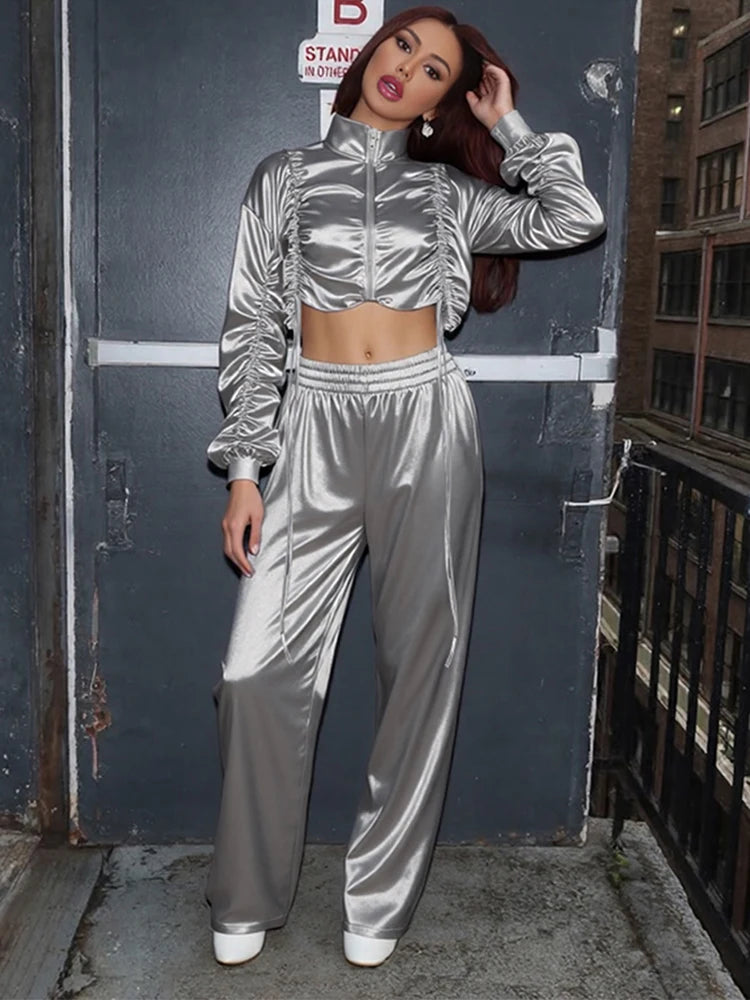 Satin Ruched Zip Crop Jacket & Tailored Pants Set VestiVogue
