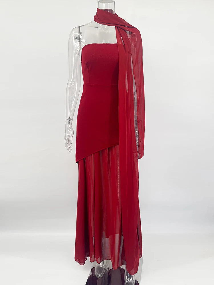 Strapless Slit Long Dress with Ribbon and Mesh VestiVogue