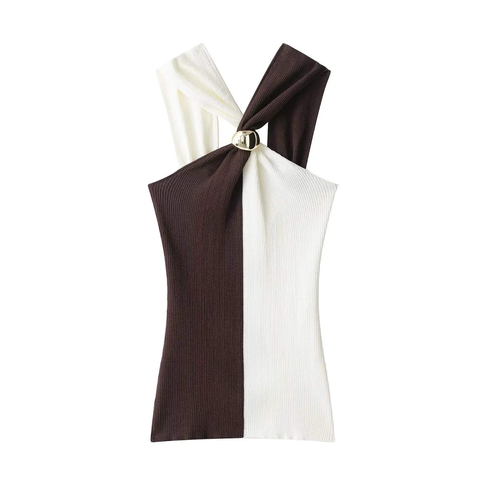 Chic Ribbed Knitted Halter Tank Top for Women VestiVogue Brown S