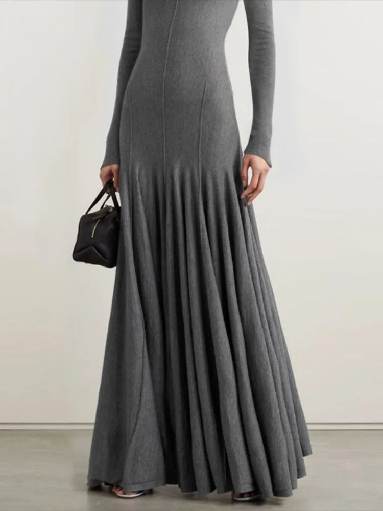 Sleek High Neck Slim Fit Maxi Dress in Solid Grey VestiVogue