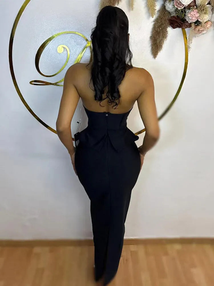 Elegant Black Beaded Bodycon Maxi Dress VestiVogue