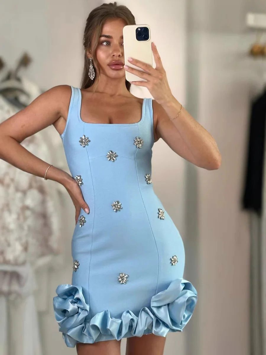 Sky Blue Diamond Detail Bodycon Mini Dress VestiVogue SKY BLUE L