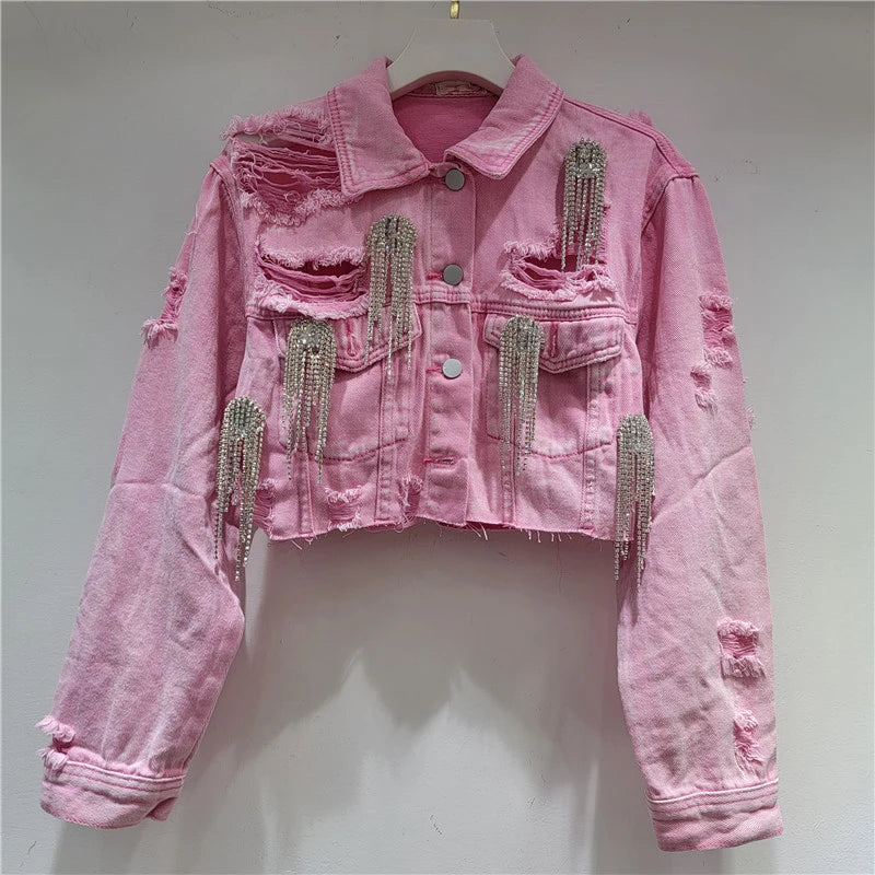 A-Line High Waist Denim Coat with Turn-Down Collar and Full Sleeves