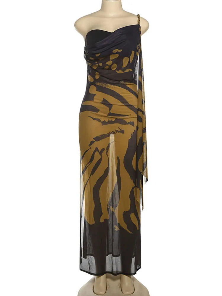 Asymmetrical Elegance Bodycon Dress with See-Through Hem VestiVogue