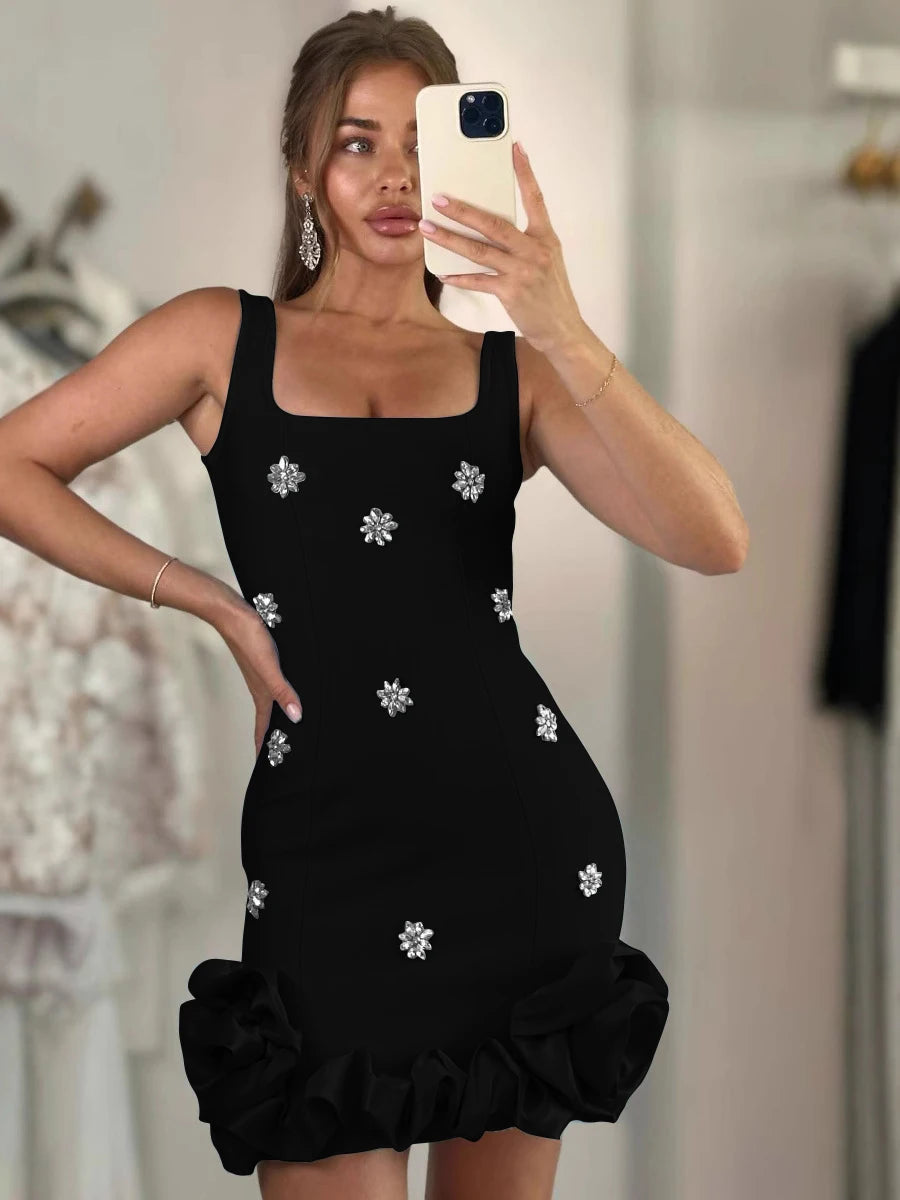 Sky Blue Bodycon Mini Dress with Diamond Detailing VestiVogue black XS